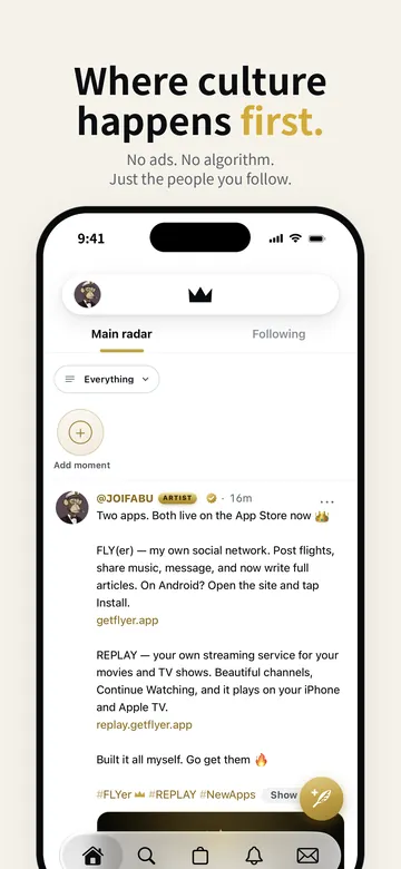 The radar, FLY(er)'s live timeline, with Main radar and Following tabs.
