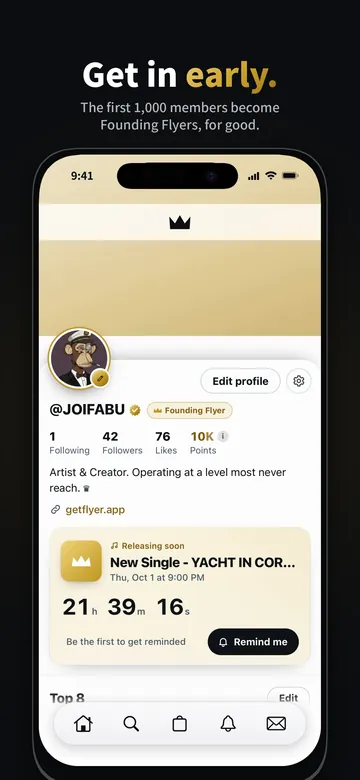 A FLY(er) profile with the verified seal, a Founding Flyer badge and a release countdown.